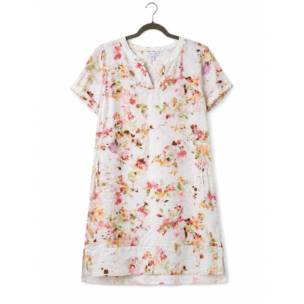 J.Jill Love Linen Dress Women's M White Pink Floral 100% Linen Shift Pockets